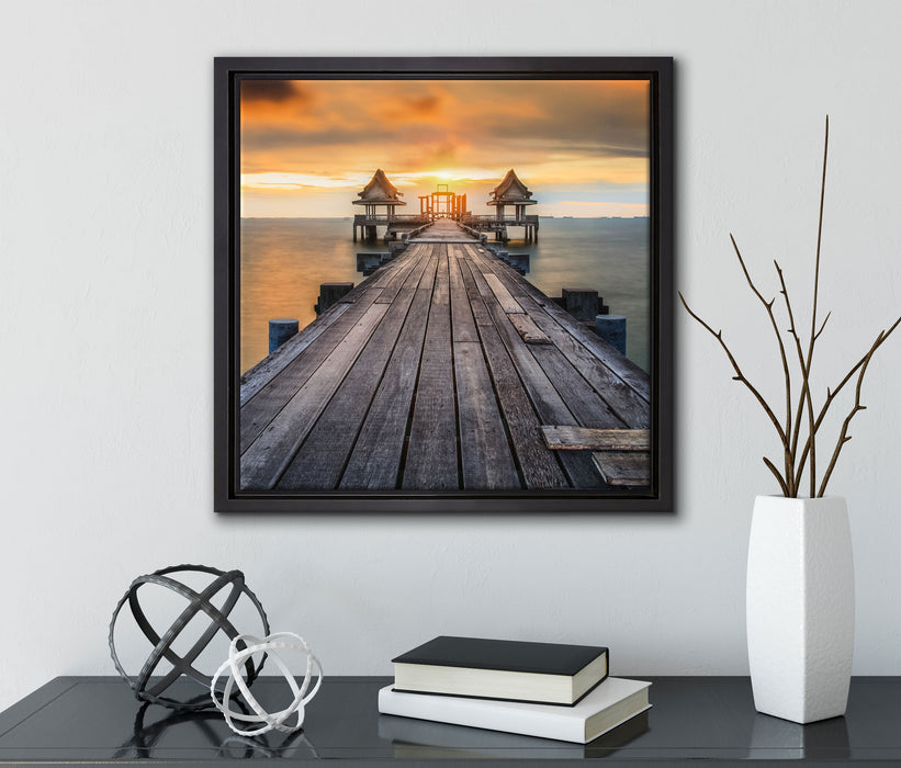 Bootssteg im Sonnenuntergang  auf Leinwandbild Quadratisch gerahmt mit Kirschblüten