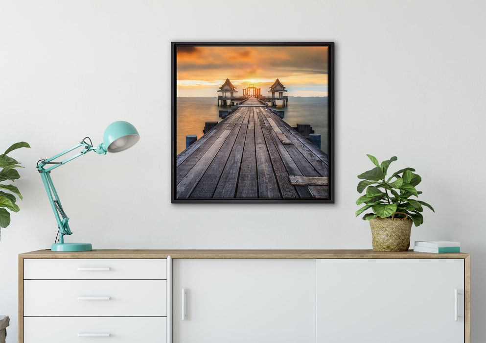 Bootssteg im Sonnenuntergang auf Leinwandbild gerahmt Quadratisch verschiedene Größen im Wohnzimmer