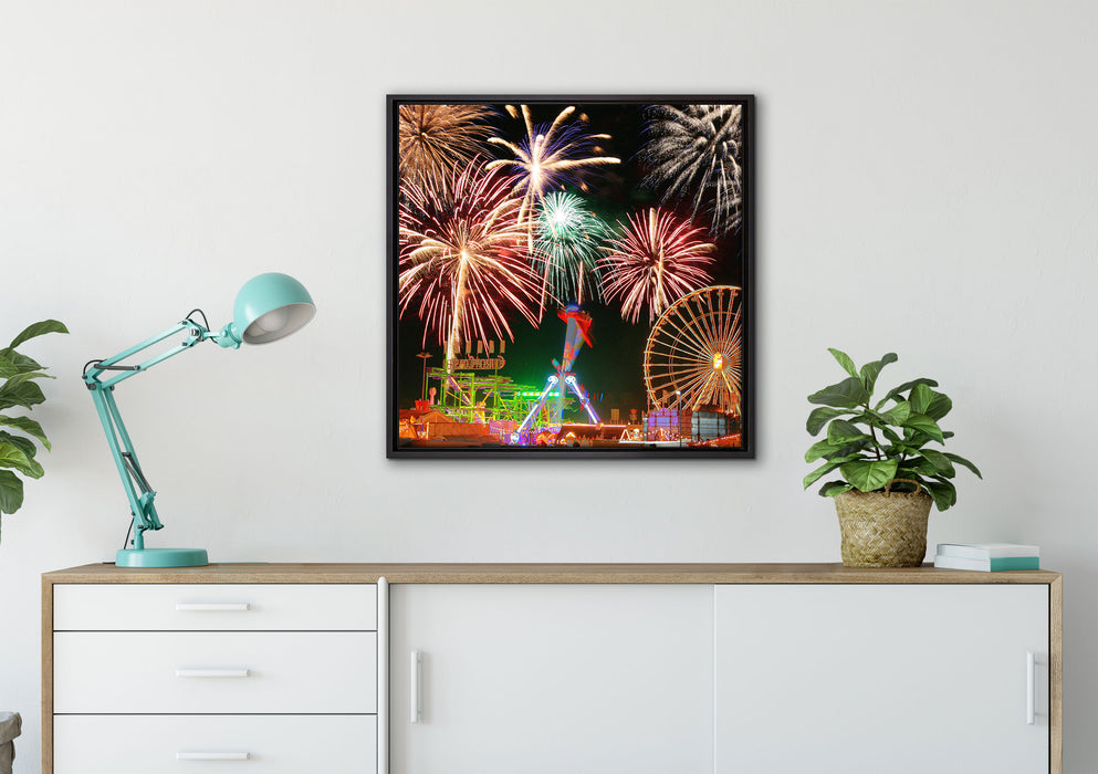 Silvester Riesenrad Feuerwerk auf Leinwandbild gerahmt Quadratisch verschiedene Größen im Wohnzimmer
