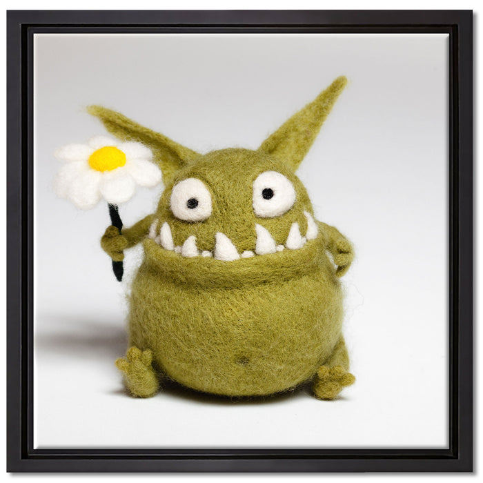Süßes grünes Monster auf Leinwandbild Quadratisch gerahmt Größe 40x40