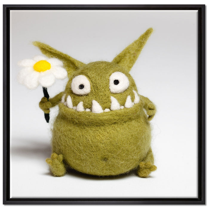 Süßes grünes Monster auf Leinwandbild Quadratisch gerahmt Größe 70x70