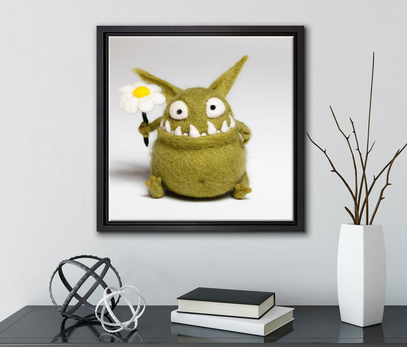 Süßes grünes Monster  auf Leinwandbild Quadratisch gerahmt mit Kirschblüten