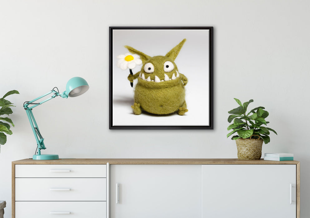 Süßes grünes Monster auf Leinwandbild gerahmt Quadratisch verschiedene Größen im Wohnzimmer