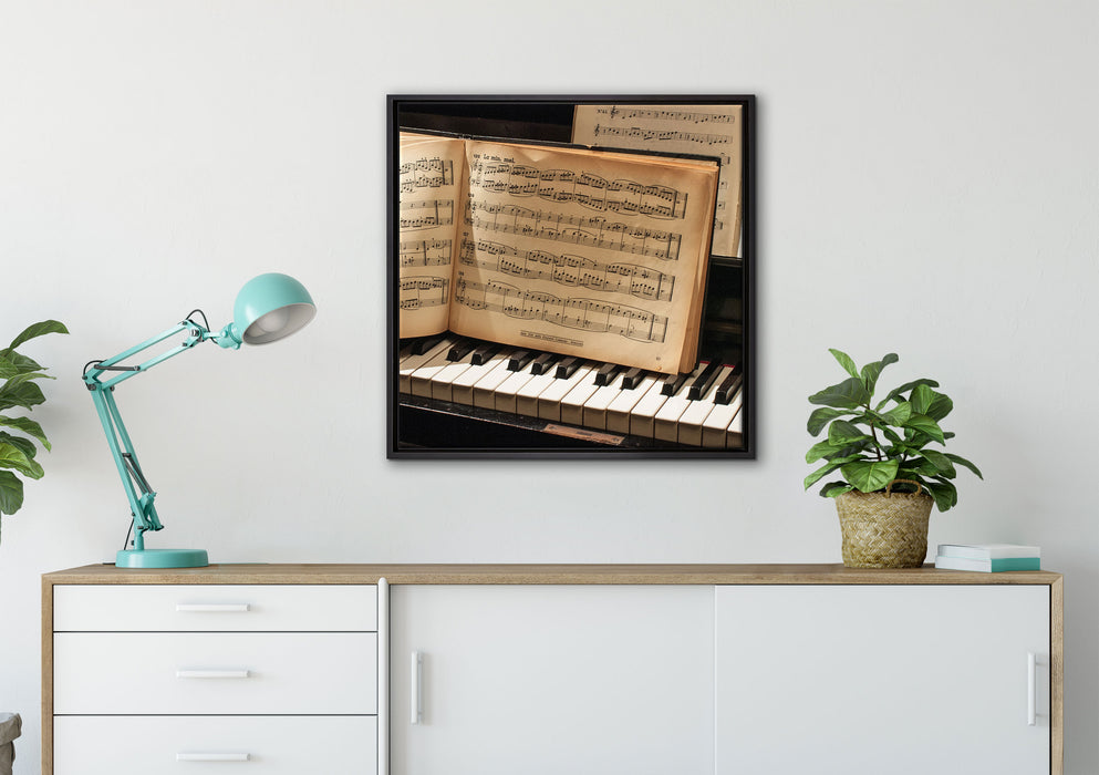 Klavier Noten Piano auf Leinwandbild gerahmt Quadratisch verschiedene Größen im Wohnzimmer