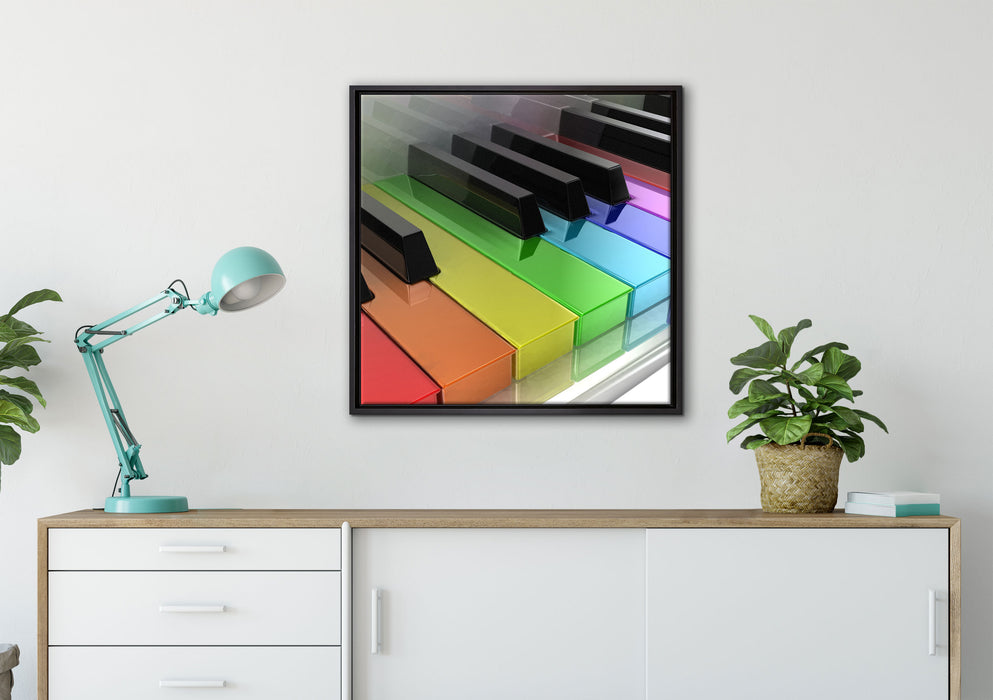Piano Regenbogen Klaviertasten auf Leinwandbild gerahmt Quadratisch verschiedene Größen im Wohnzimmer