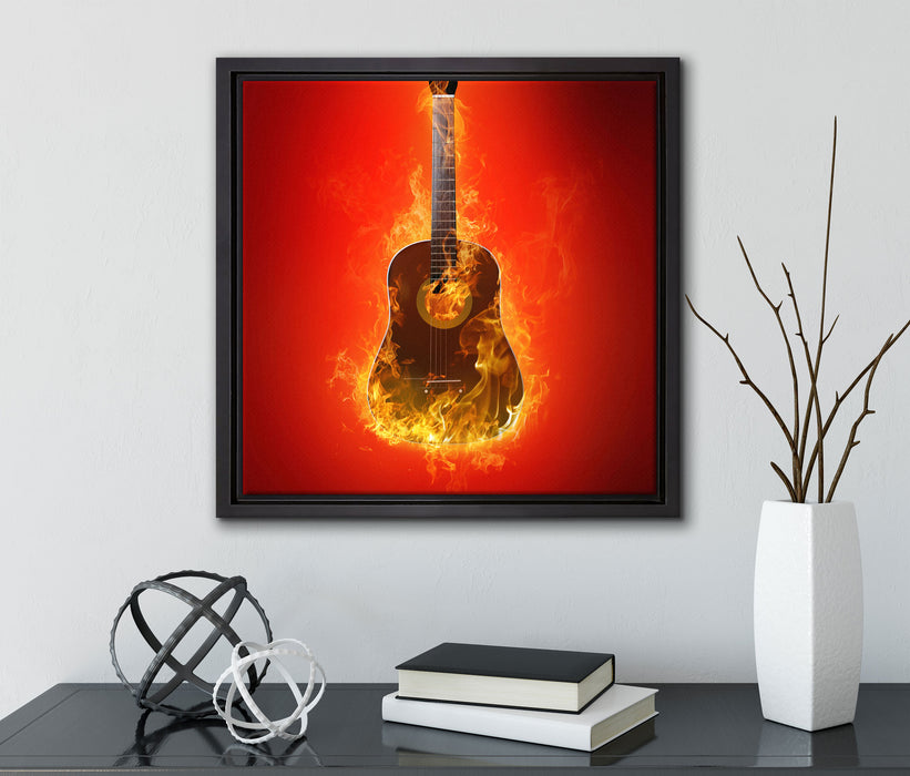 Brennende Gitarre Heiße Flammen  auf Leinwandbild Quadratisch gerahmt mit Kirschblüten