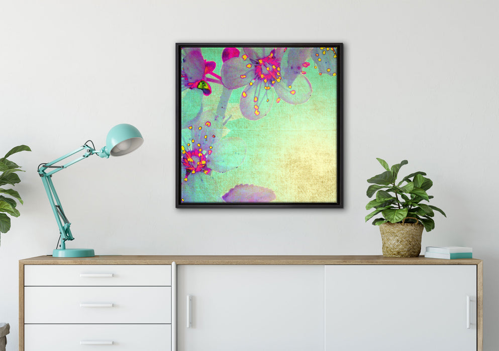 Durchsichtige Lila Blätter auf Leinwandbild gerahmt Quadratisch verschiedene Größen im Wohnzimmer