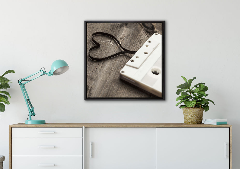 Retro Kasetten auf Leinwandbild gerahmt Quadratisch verschiedene Größen im Wohnzimmer