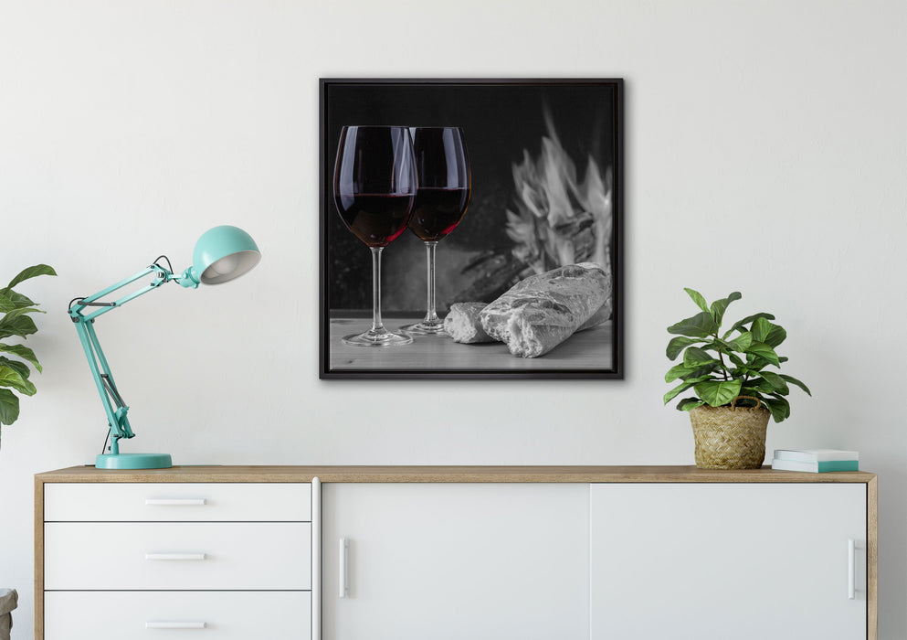 Baguette Wein Picknick auf Leinwandbild gerahmt Quadratisch verschiedene Größen im Wohnzimmer