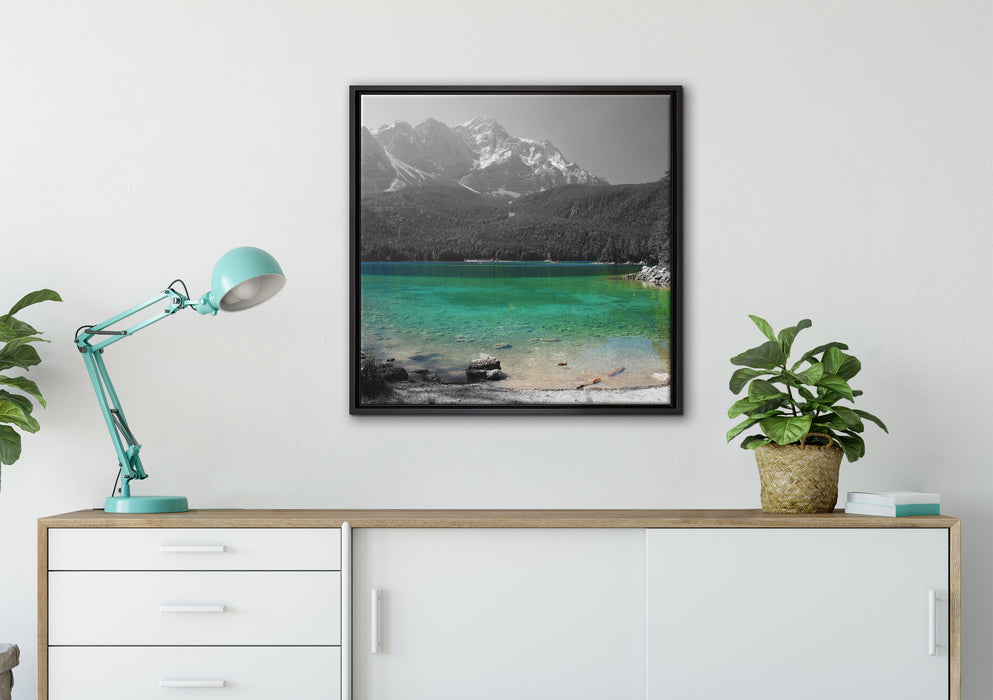 Eibsee vor der Zugspitze auf Leinwandbild gerahmt Quadratisch verschiedene Größen im Wohnzimmer