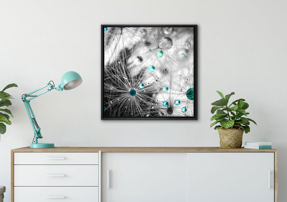 Wassertropfen auf Pusteblume auf Leinwandbild gerahmt Quadratisch verschiedene Größen im Wohnzimmer