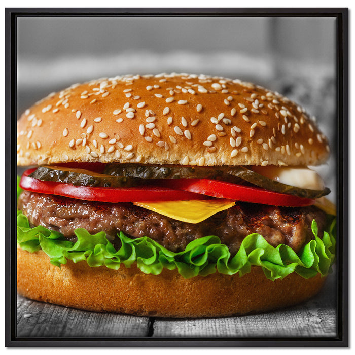 appetitlicher Cheeseburger auf Leinwandbild Quadratisch gerahmt Größe 70x70
