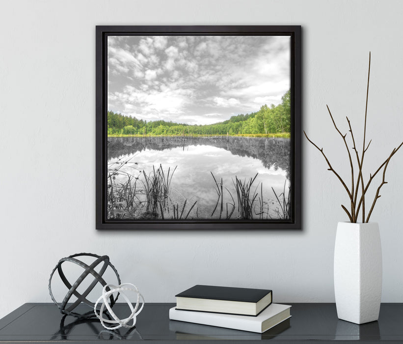 traumhafter See in grünem Wald  auf Leinwandbild Quadratisch gerahmt mit Kirschblüten