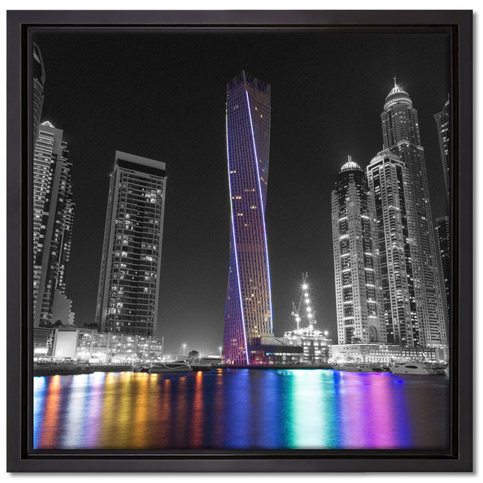 Skyline von Dubai bei Nacht auf Leinwandbild Quadratisch gerahmt Größe 40x40