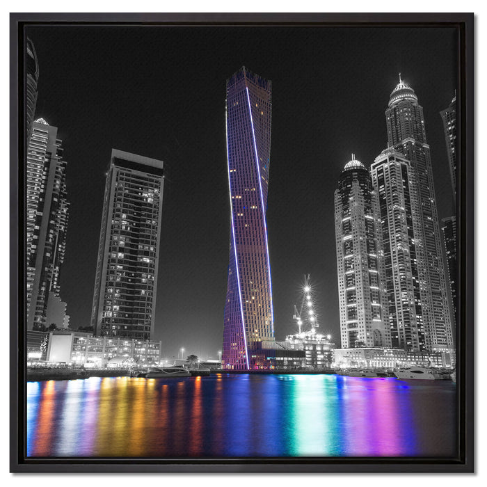 Skyline von Dubai bei Nacht auf Leinwandbild Quadratisch gerahmt Größe 60x60