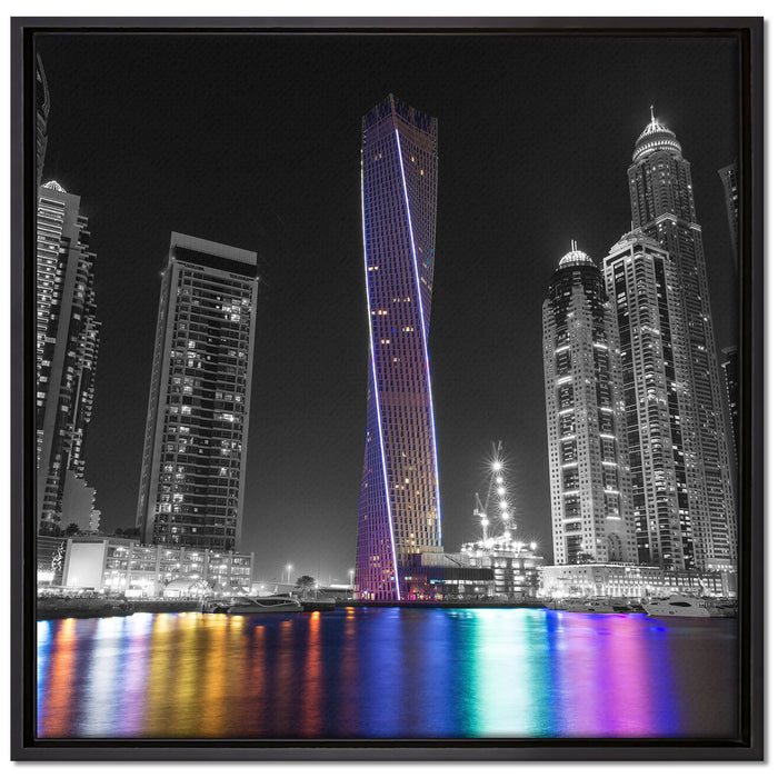 Skyline von Dubai bei Nacht auf Leinwandbild Quadratisch gerahmt Größe 70x70