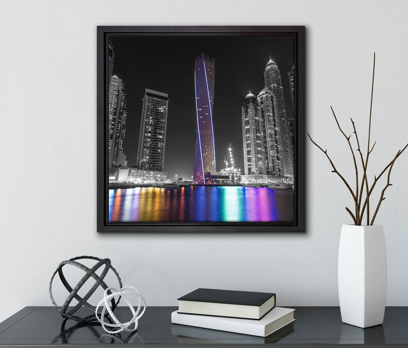 Skyline von Dubai bei Nacht  auf Leinwandbild Quadratisch gerahmt mit Kirschblüten