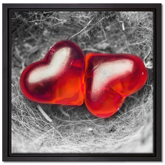 zwei Herzen in kleinem Nest auf Leinwandbild Quadratisch gerahmt Größe 40x40
