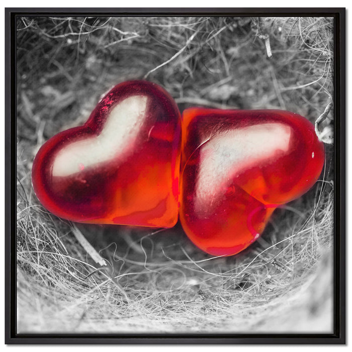 zwei Herzen in kleinem Nest auf Leinwandbild Quadratisch gerahmt Größe 70x70
