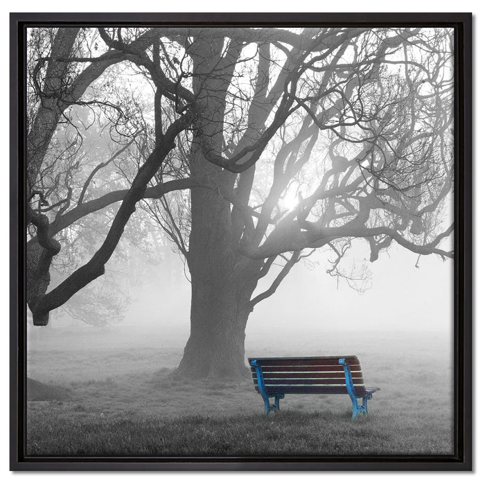 Einsame Bank im Nebel auf Leinwandbild Quadratisch gerahmt Größe 60x60