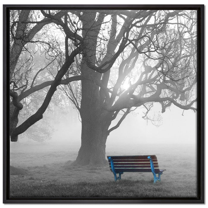 Einsame Bank im Nebel auf Leinwandbild Quadratisch gerahmt Größe 70x70