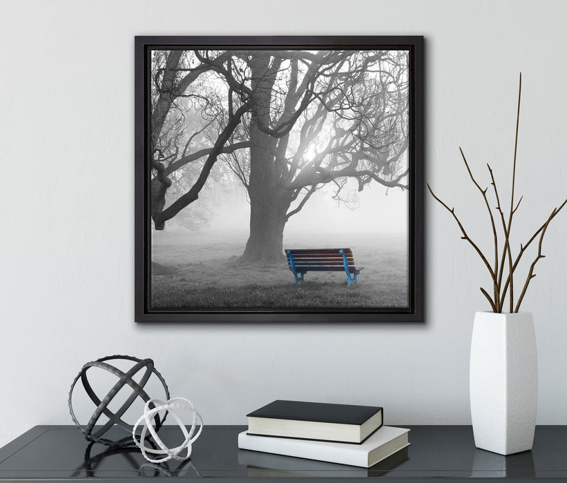 Einsame Bank im Nebel  auf Leinwandbild Quadratisch gerahmt mit Kirschblüten