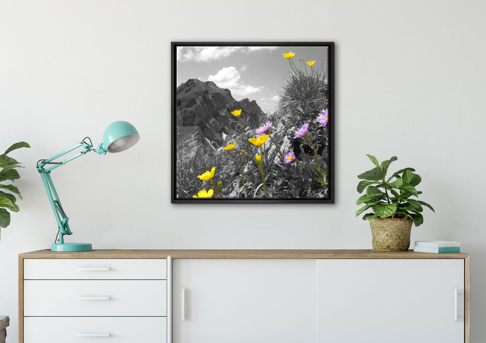 Blumenwiese im Frühling auf Leinwandbild gerahmt Quadratisch verschiedene Größen im Wohnzimmer