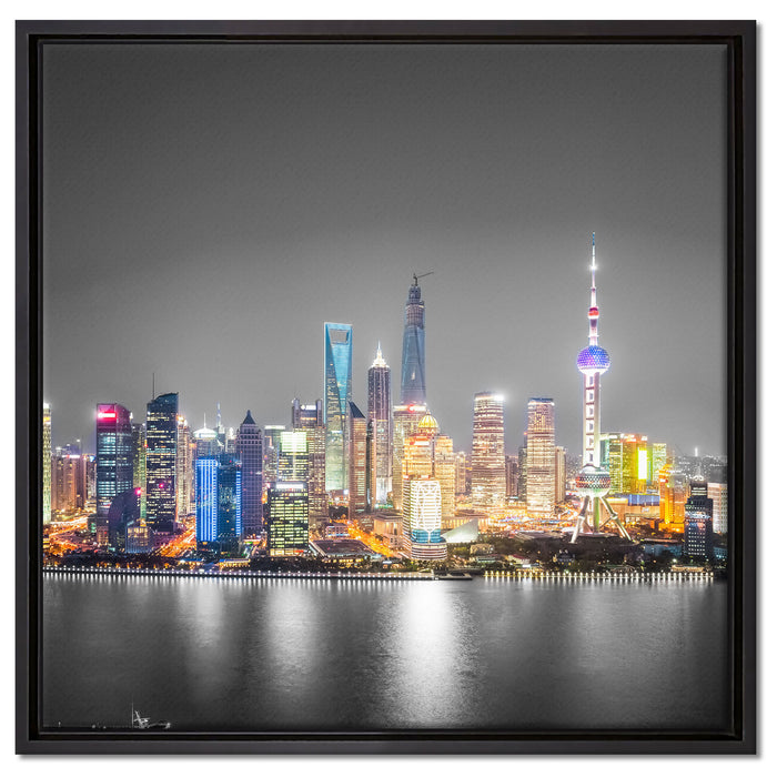 Shanghai Skyline bei Nacht auf Leinwandbild Quadratisch gerahmt Größe 60x60