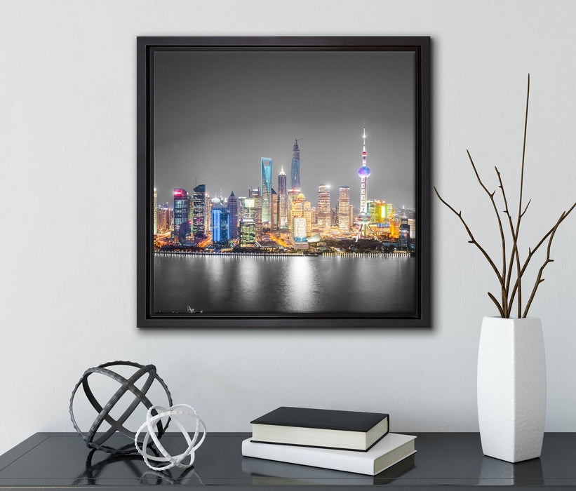 Shanghai Skyline bei Nacht  auf Leinwandbild Quadratisch gerahmt mit Kirschblüten