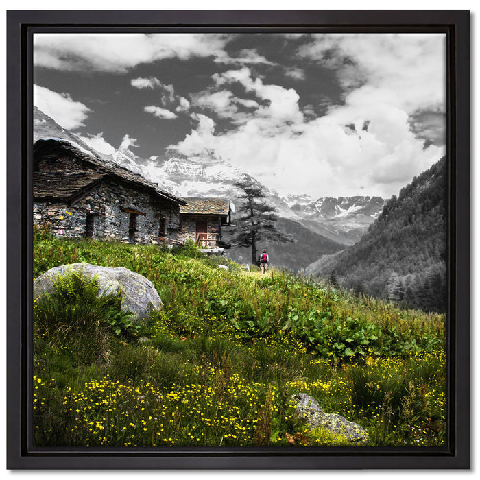 Steinhütte auf Berg auf Leinwandbild Quadratisch gerahmt Größe 40x40