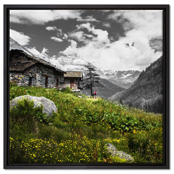 Steinhütte auf Berg auf Leinwandbild Quadratisch gerahmt Größe 60x60