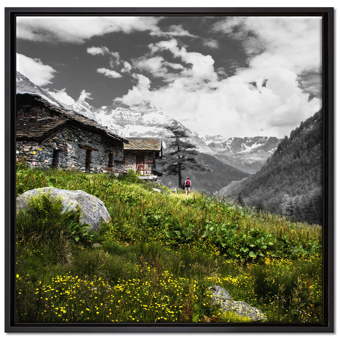 Steinhütte auf Berg auf Leinwandbild Quadratisch gerahmt Größe 70x70