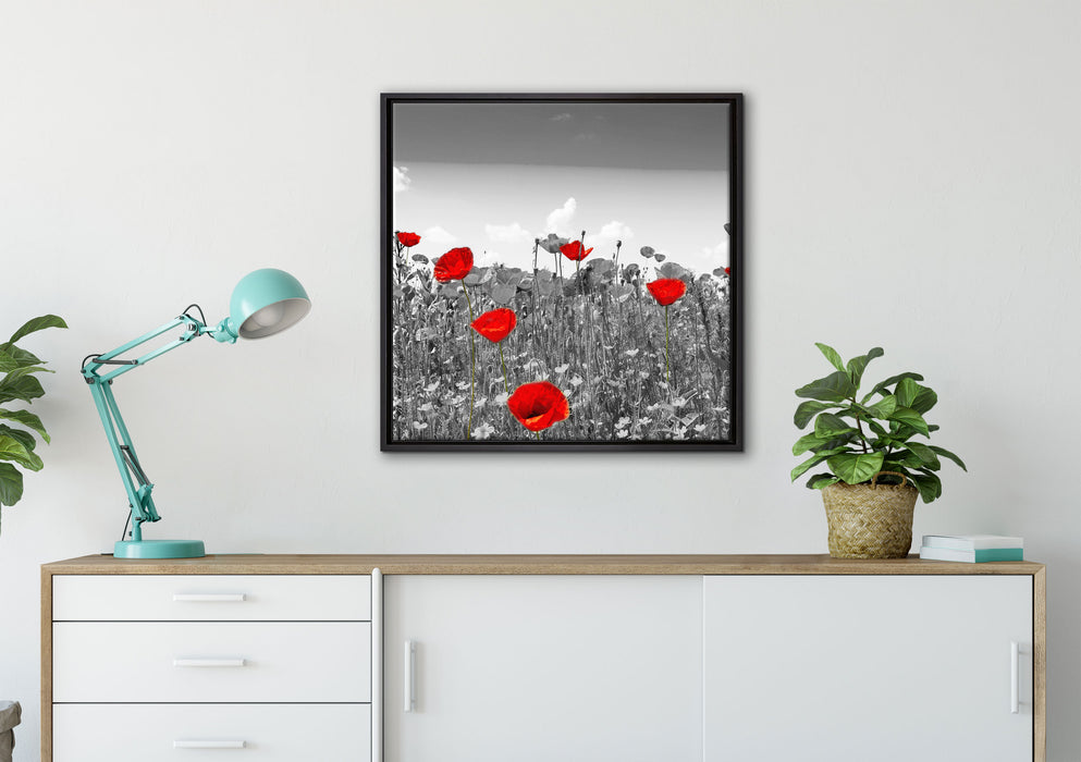 schöner rot leuchtender Mohn auf Leinwandbild gerahmt Quadratisch verschiedene Größen im Wohnzimmer