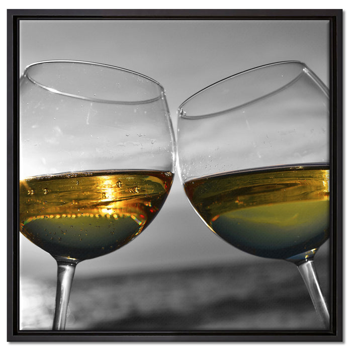Wein in Gläsern am Meer auf Leinwandbild Quadratisch gerahmt Größe 60x60