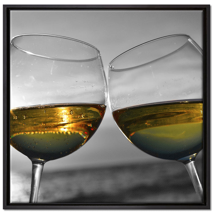 Wein in Gläsern am Meer auf Leinwandbild Quadratisch gerahmt Größe 70x70