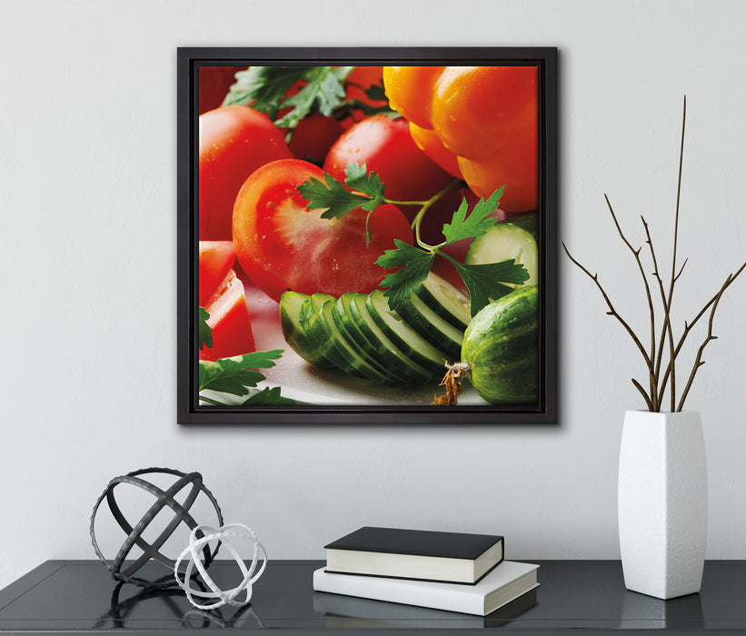 Obst Gemüse Gurke Tomaten  auf Leinwandbild Quadratisch gerahmt mit Kirschblüten