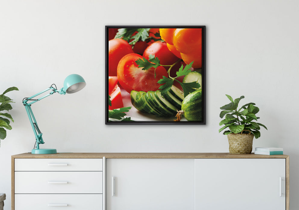 Obst Gemüse Gurke Tomaten auf Leinwandbild gerahmt Quadratisch verschiedene Größen im Wohnzimmer