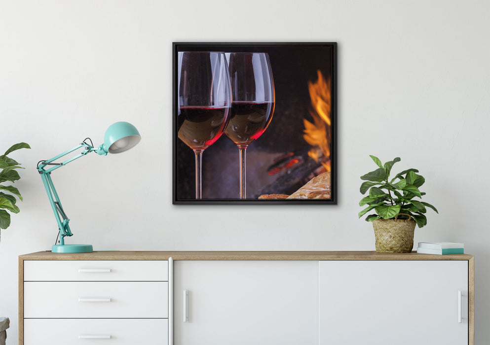 Baguette Wein Picknick auf Leinwandbild gerahmt Quadratisch verschiedene Größen im Wohnzimmer