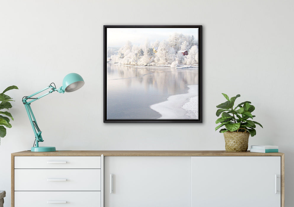 Winterlandschaft Wald Schnee auf Leinwandbild gerahmt Quadratisch verschiedene Größen im Wohnzimmer