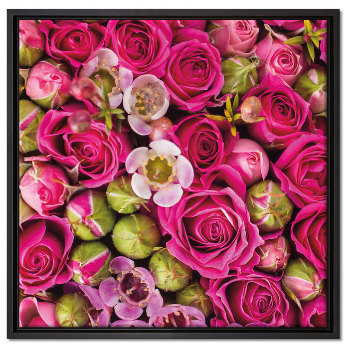 Rosa Rote Rosen auf Leinwandbild Quadratisch gerahmt Größe 60x60