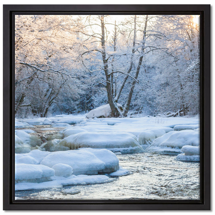 Bach in Winterlandschaft auf Leinwandbild Quadratisch gerahmt Größe 40x40
