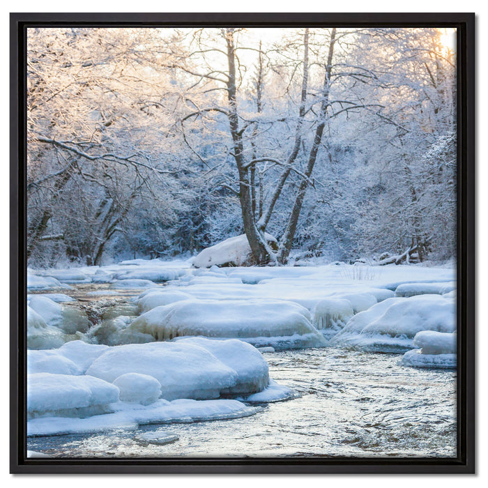 Bach in Winterlandschaft auf Leinwandbild Quadratisch gerahmt Größe 60x60