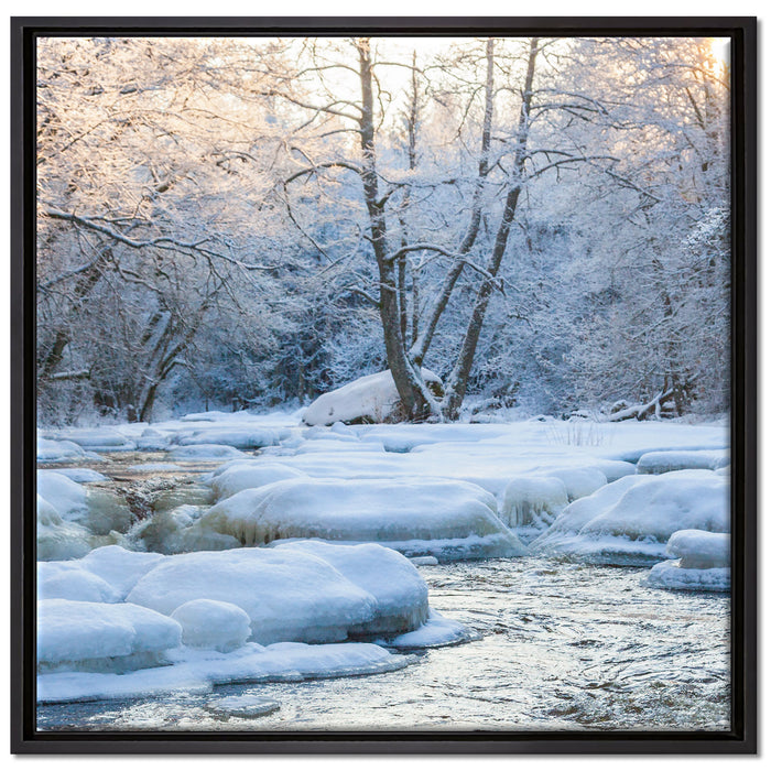 Bach in Winterlandschaft auf Leinwandbild Quadratisch gerahmt Größe 70x70