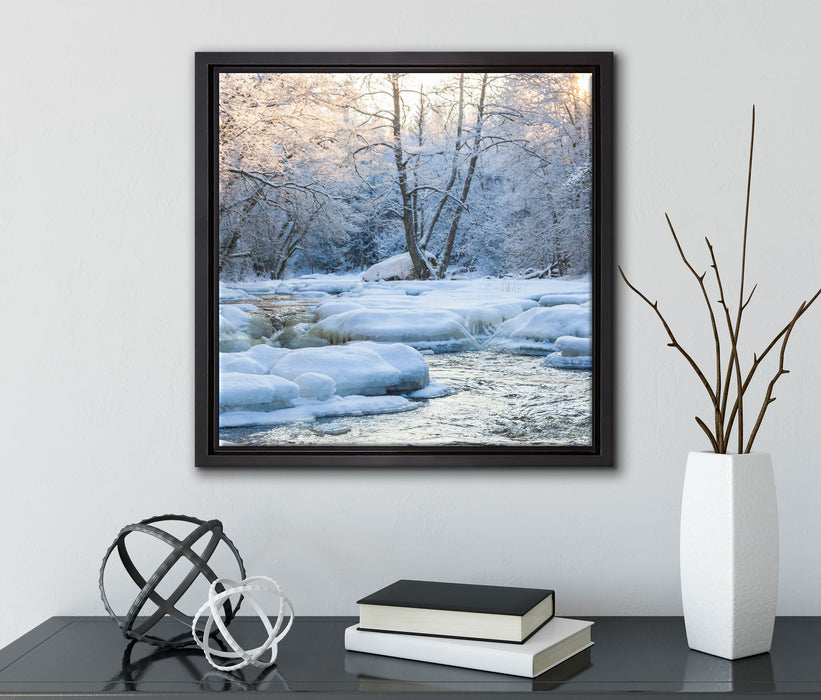 Bach in Winterlandschaft  auf Leinwandbild Quadratisch gerahmt mit Kirschblüten