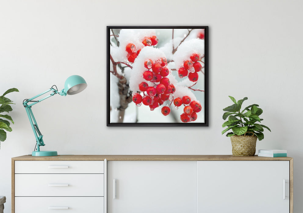 Gefrorene Äste auf Leinwandbild gerahmt Quadratisch verschiedene Größen im Wohnzimmer