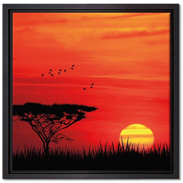 Roter Sonnenuntergang in Afrika auf Leinwandbild Quadratisch gerahmt Größe 40x40
