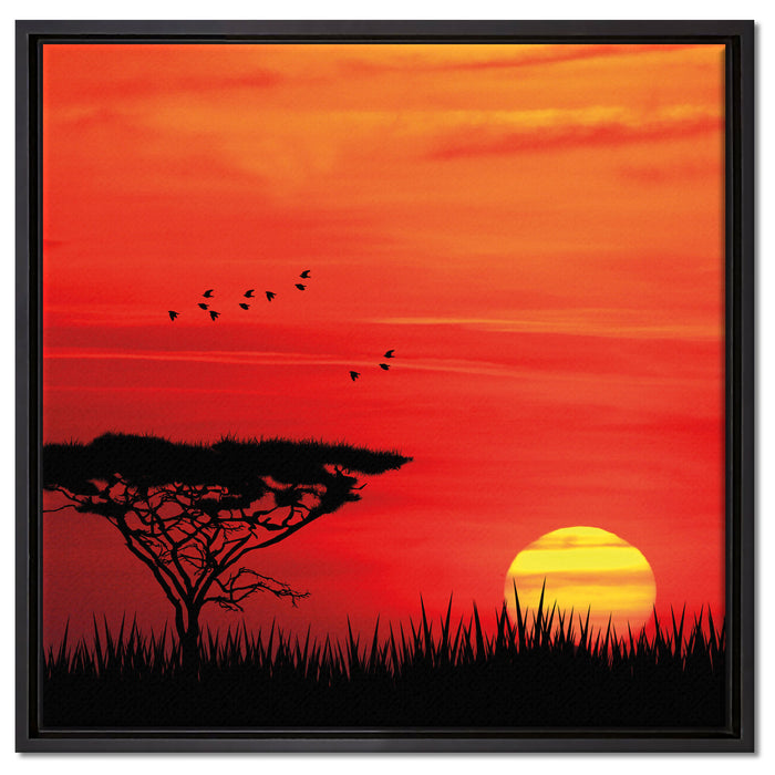 Roter Sonnenuntergang in Afrika auf Leinwandbild Quadratisch gerahmt Größe 60x60