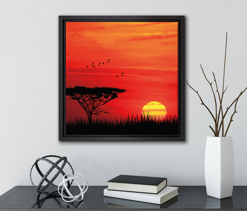 Roter Sonnenuntergang in Afrika  auf Leinwandbild Quadratisch gerahmt mit Kirschblüten
