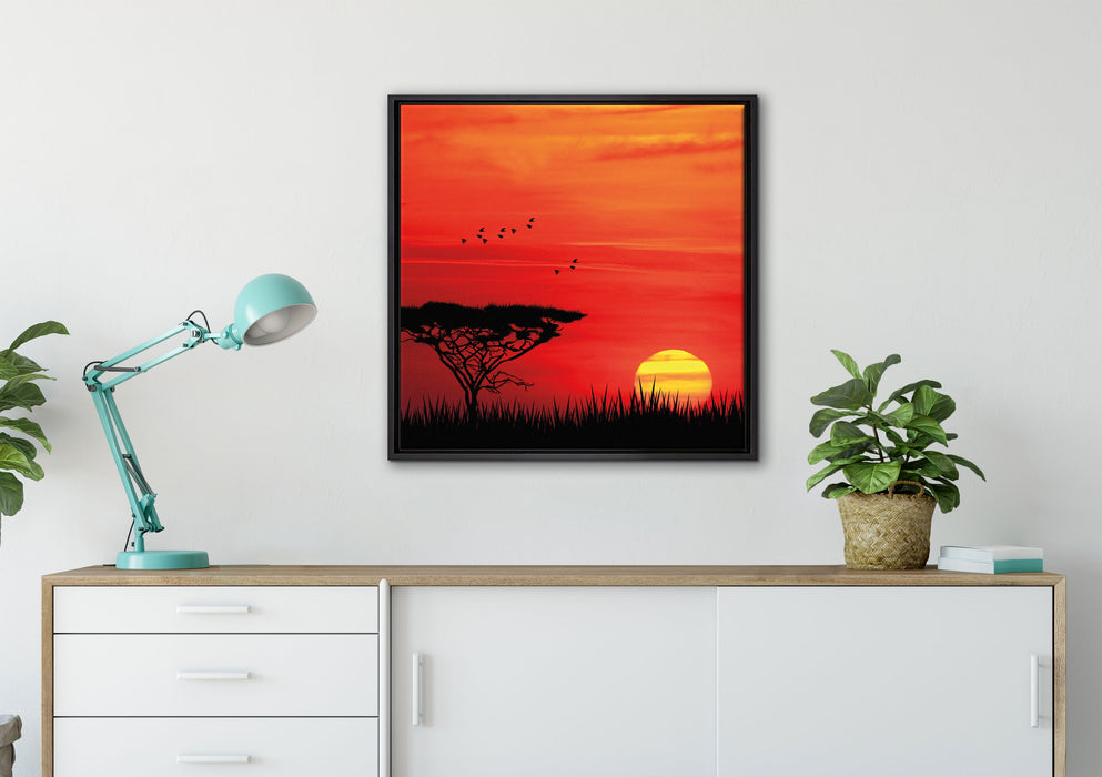 Roter Sonnenuntergang in Afrika auf Leinwandbild gerahmt Quadratisch verschiedene Größen im Wohnzimmer