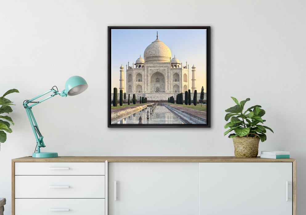 Taj Mahal auf Leinwandbild gerahmt Quadratisch verschiedene Größen im Wohnzimmer
